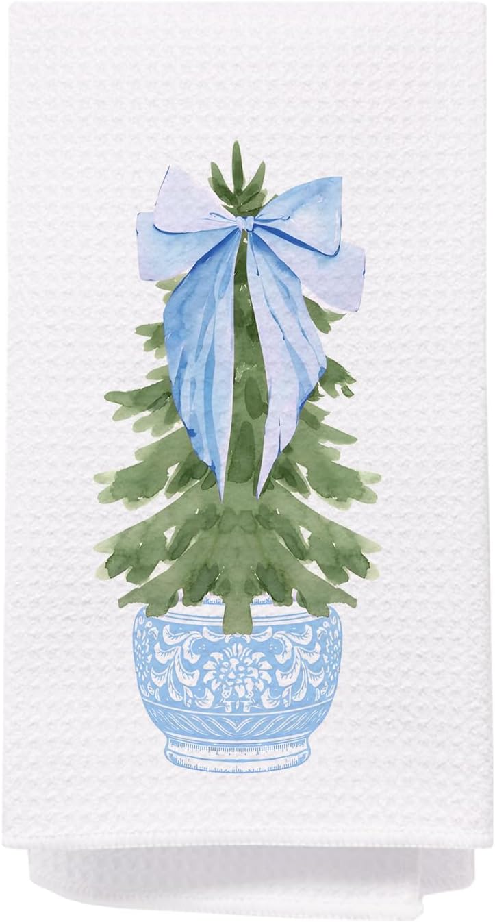 SPBL&L Chinoiserie Christmas Kitchen Towels, Light Blue Porcelain Chinoiserie Christmas Tree Hand Towels, 16x24 Inch - Image 1
